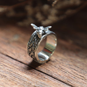 Cigar Band honey bee Boho silver ring 925 braided knot Mother's day gift Women