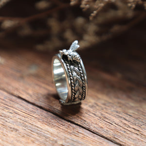 Cigar Band honey bee Boho silver ring 925 braided knot Mother's day gift Women