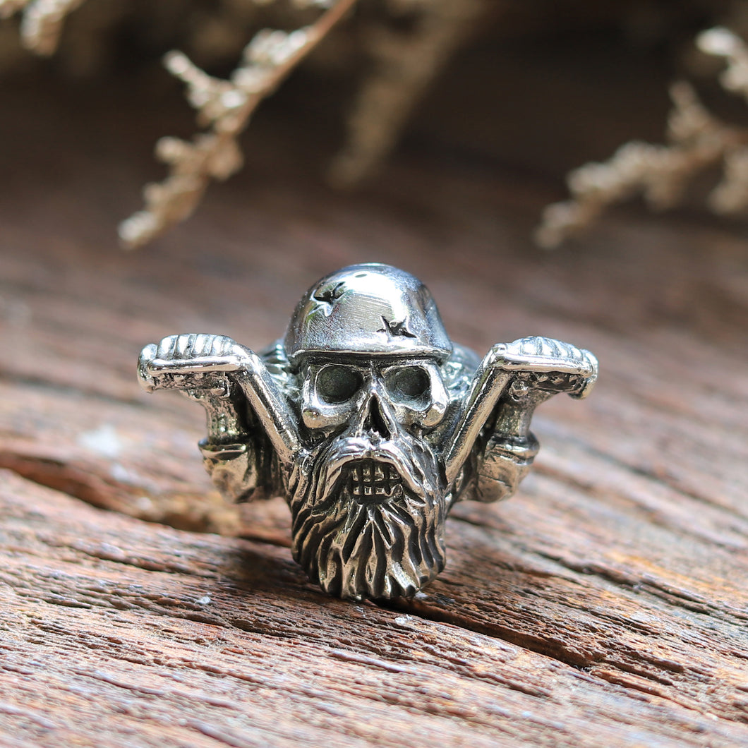Skull beard Helmet Biker sterling silver ring men gothic viking chopper bobber