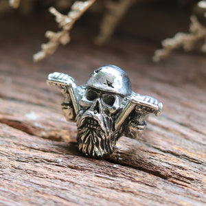 Skull beard Helmet Biker sterling silver ring men gothic viking chopper bobber