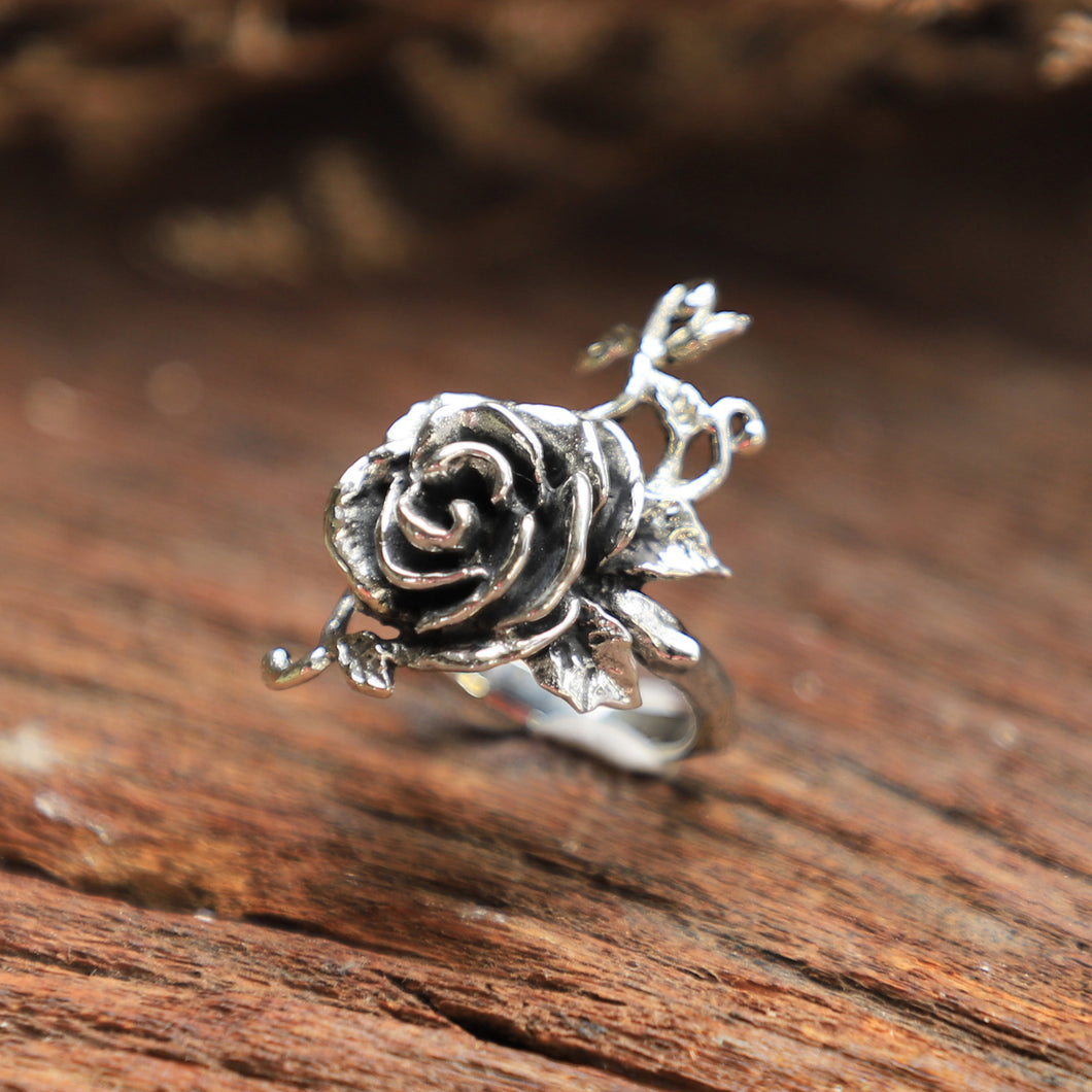 Rose leaf Vine Ring unisex sterling silver 925 nature twig flower boho gothic