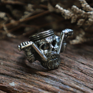 Skull beard piston head  sterling silver ring Biker men viking celtic gothic 925