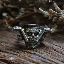 Skull beard piston head  sterling silver ring Biker men viking celtic gothic 925