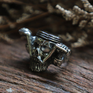 Skull beard piston head  sterling silver ring Biker men viking celtic gothic 925