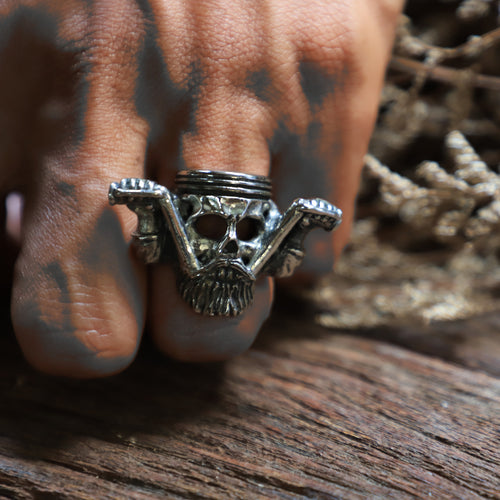 Skull beard piston head  sterling silver ring Biker men viking celtic gothic 925