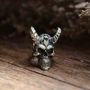 Fire skull Horned buffalo ring men sterling silver 925 biker punk celtic gothic