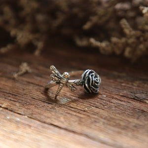 Dragonfly rose ring boho silver sterling 925 women jewelry gypsy hippie insect