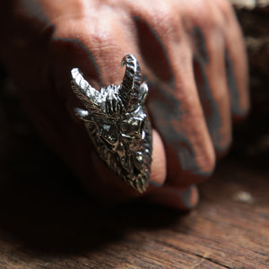 Horned goat biker sterling silver ring 925 men satanism monster pentagram gothic