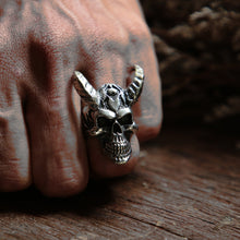 Fire skull Horned buffalo ring men sterling silver 925 biker punk celtic gothic