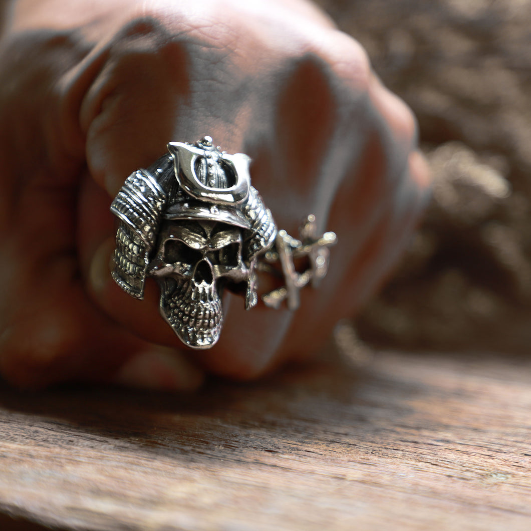 Japanese Samurai Skull ring men sterling silver 925 mask sword dragon biker zen