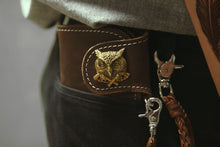 Biker long Wallet chain brass Genuine Leather Brown owl Old School Cross Guns