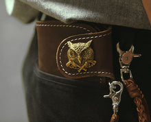 Biker long Wallet chain brass Genuine Leather Brown owl Old School Cross Guns
