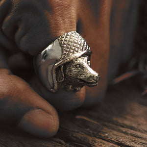 Dog helmet ring for men made of sterling silver 925 biker style