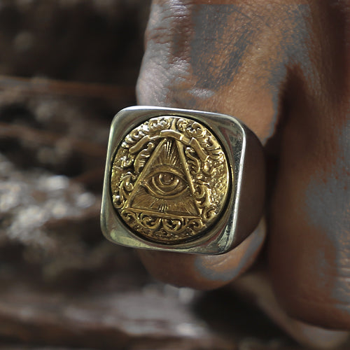 illuminati gothic square biker for men sterling silver ring punk freemason masonic