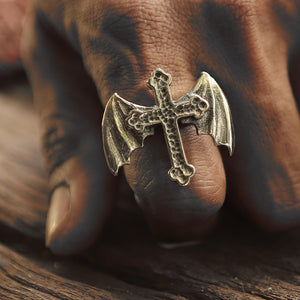 Cross gothic Bat wing ring made of sterling silver 925 for men Vintage style