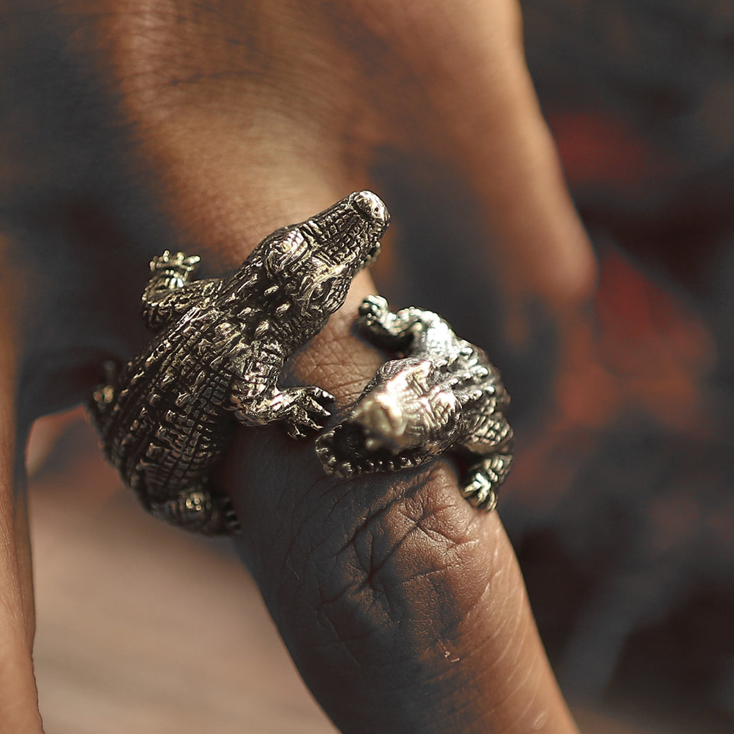 Double crocodile ring sterling silver 925 nautical animal gothic Bohemian biker