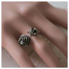 Skull Rose ring biker sterling silver 925 Unique Jewelry Women Lady adjustable Statement gift