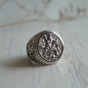 saint george and the dragon coin for men made of sterling silver ring 925 Biker style